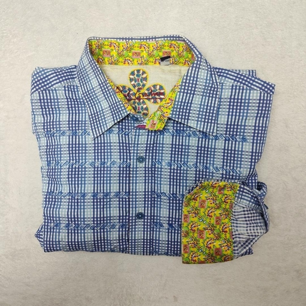 Robert Graham Shirt Mens 2XL Blue Check Flip Cuff Button Long Sleeve Embroidered